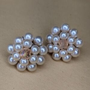 Vintage 60s White Faux Pearl Cluster Beaded Earrings Signed Japan Wedding Bridal